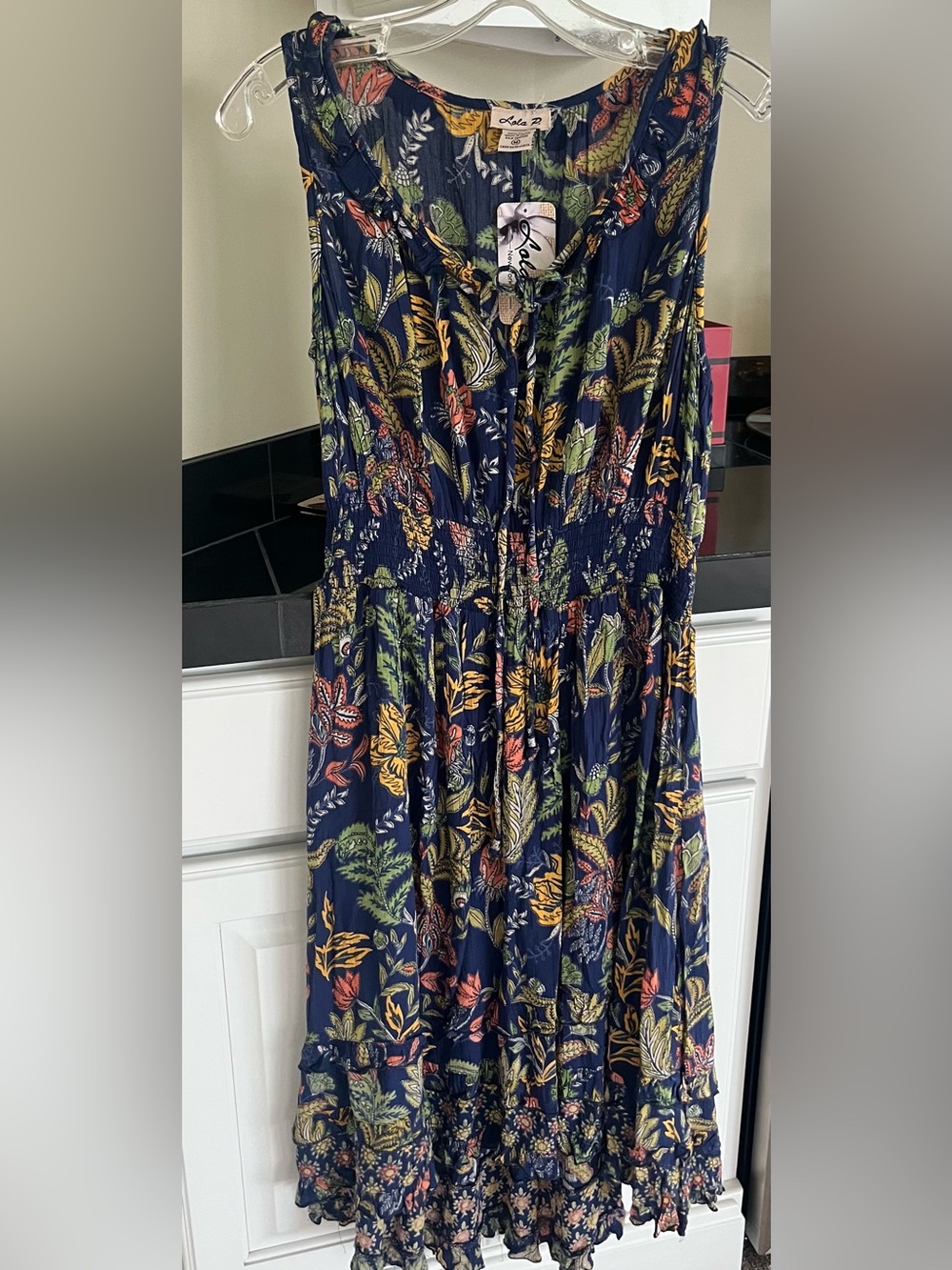 Navy Floral Tiered Dress with Smocked Waist. Brand new size Medium